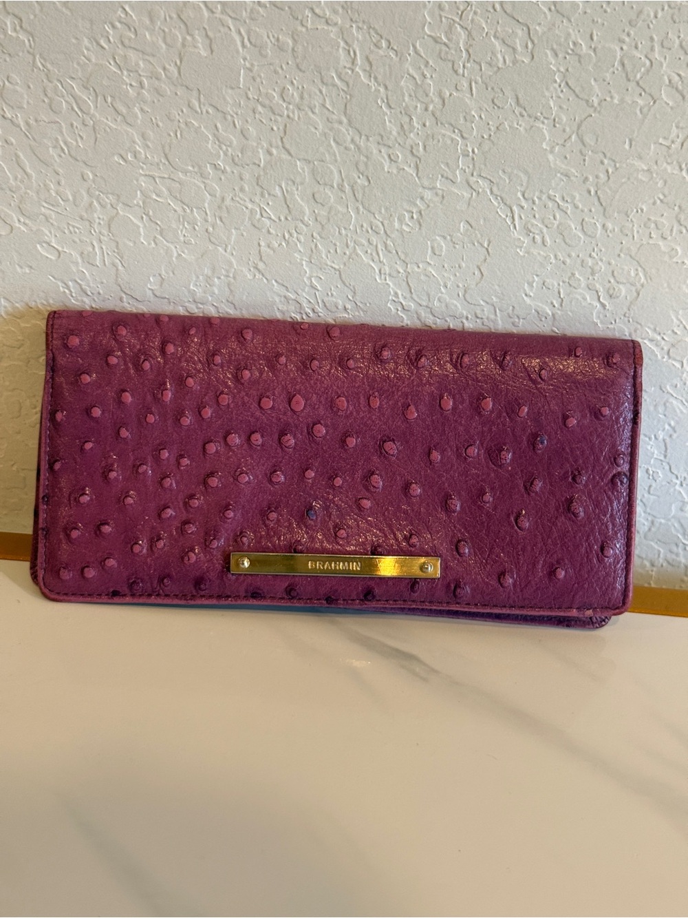 Brahmin Deep Plum Ostrich-Embossed Leather Wallet with Gold Plate